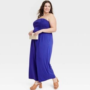 NWT Ava & Viv Strapless or Straps Ruched Jumpsuit Pockets Wide Leg Blue Sz 2X